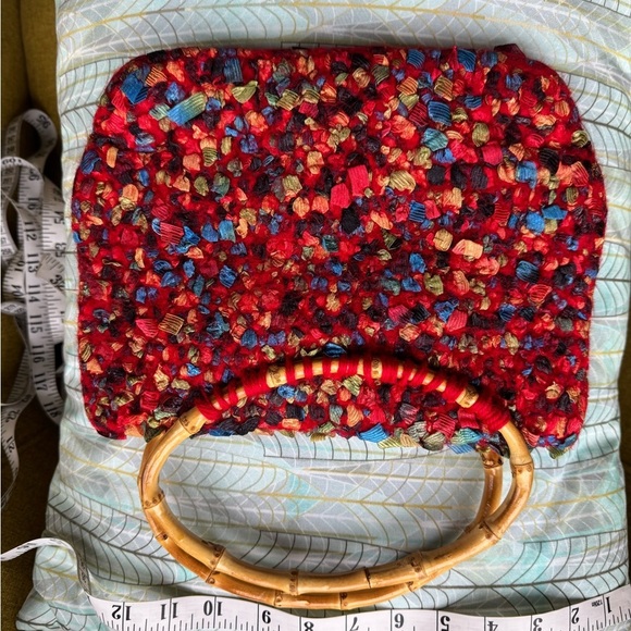 Handcrafted Multicolor felted wool and ribbon Satchel with Wooden Handle - Picture 3 of 3